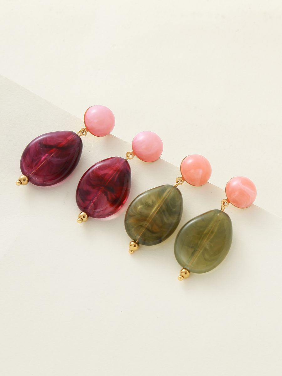 Boucles d’oreilles à pierres ovales, prune, rose et kaki