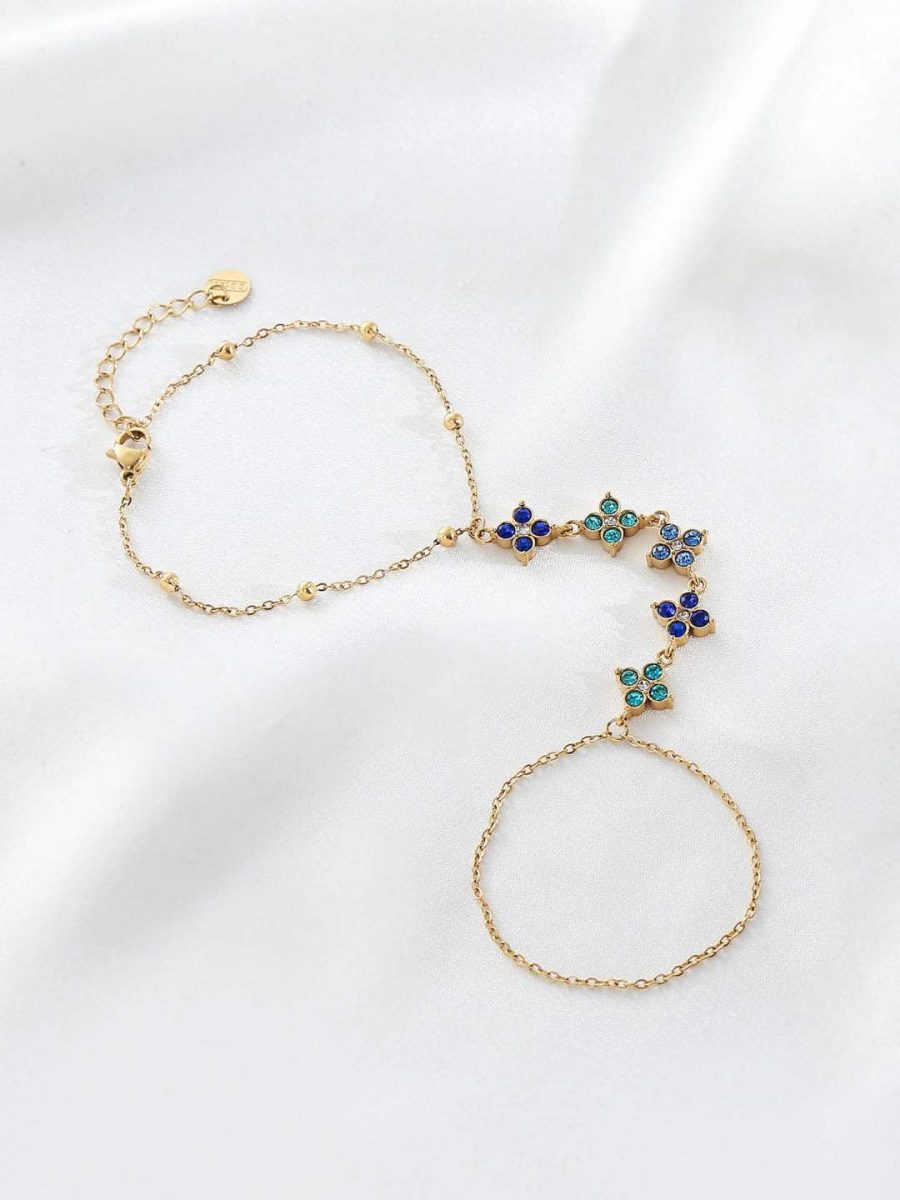 Bracelet chaîne fine à fleurs émaillées bleu et turquoise